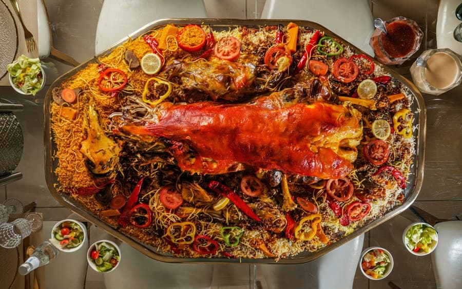 A Saudi feast platter of lamb and spiced rice